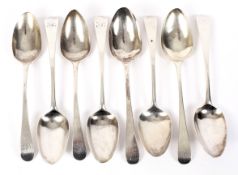 Eight assorted Georgian silver serving spoons. Various makers and ages.