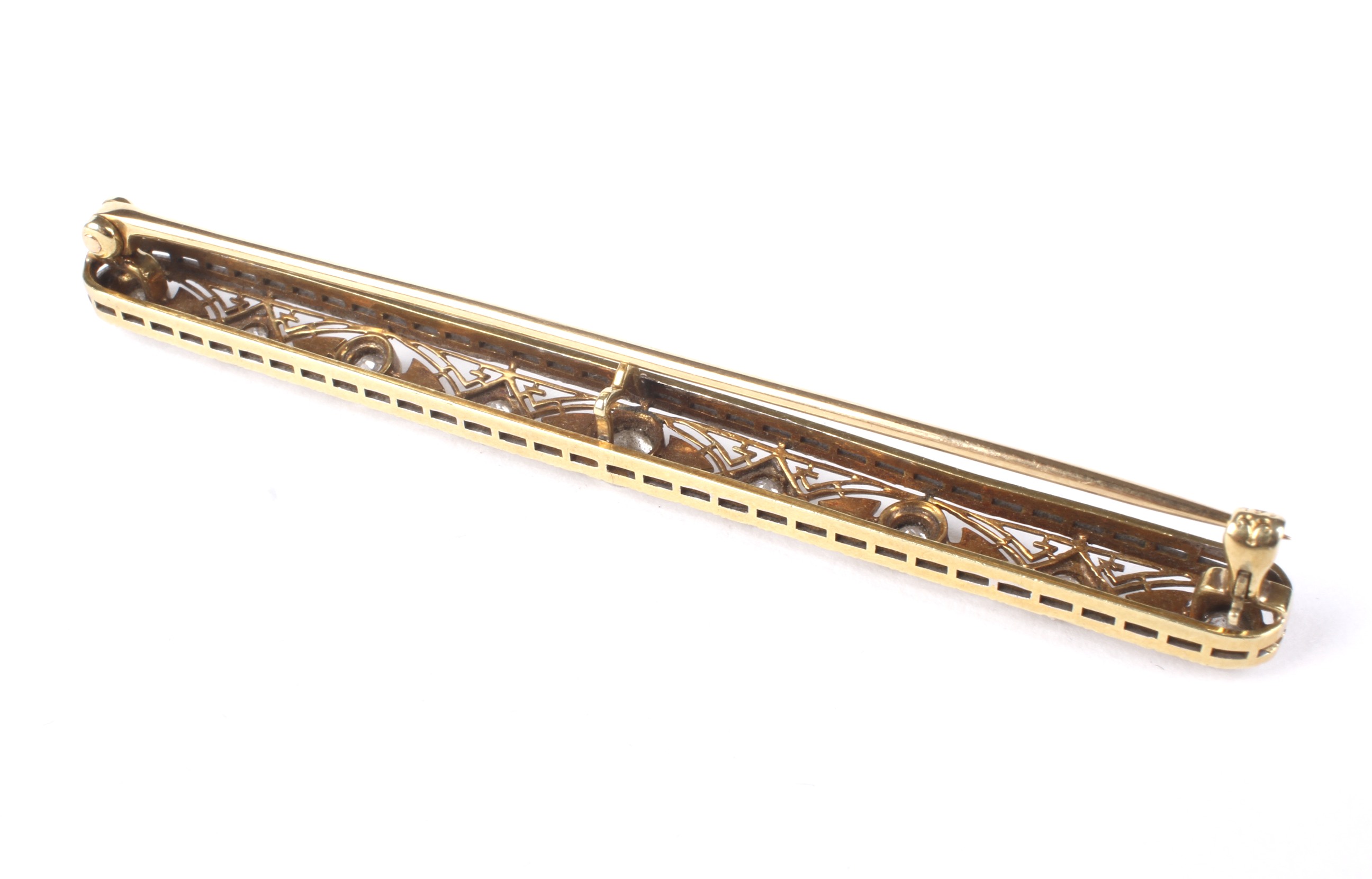 A mid 20th century gold and diamond bar brooch in Art Deco style. - Image 2 of 2