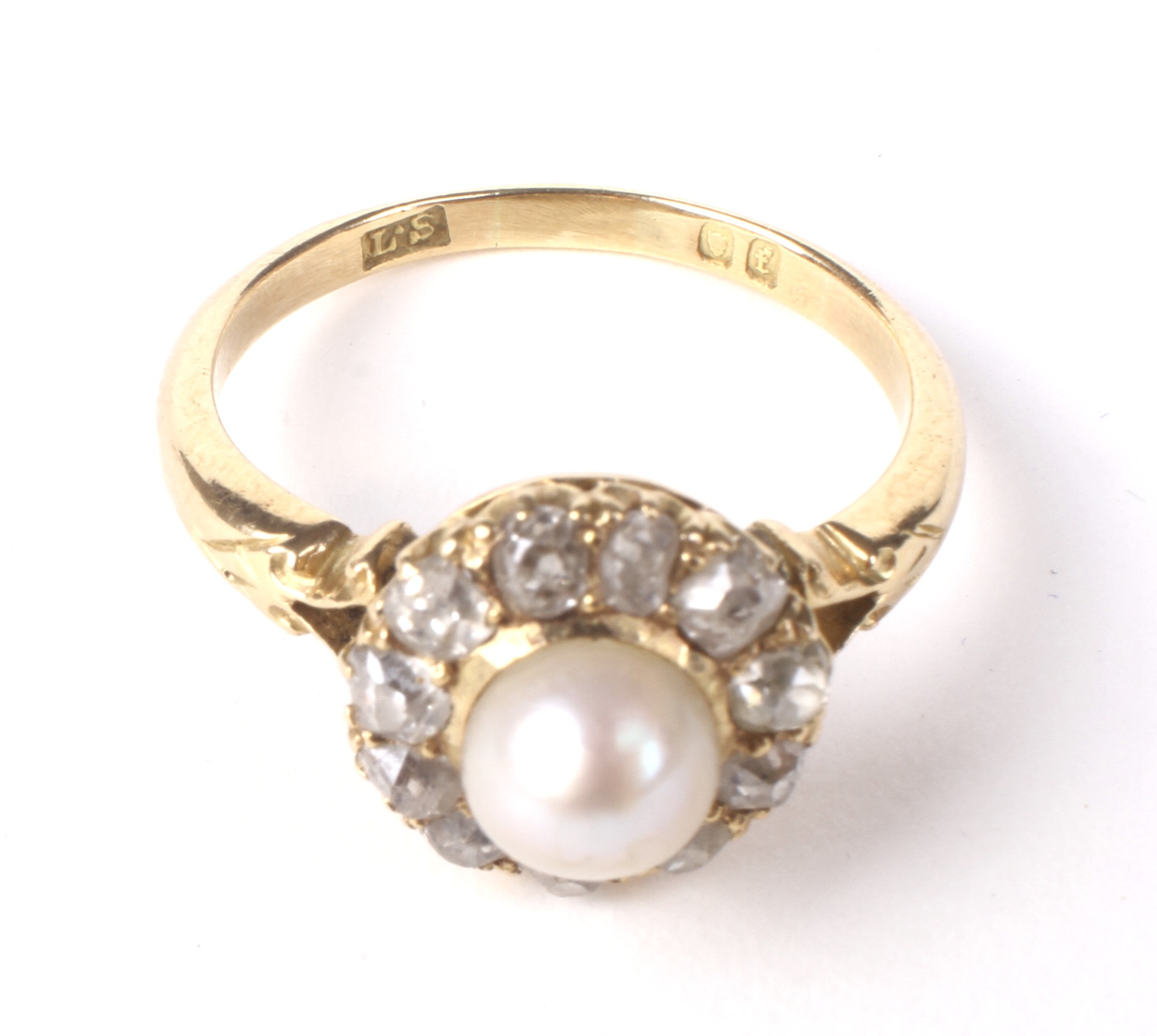 A late Victorian gold, 'pearl' and diamond cluster ring. - Image 4 of 4