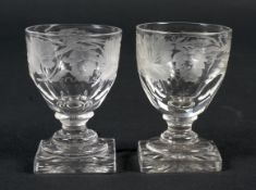 A pair of early 19th century engraved glass small drinking glasses.