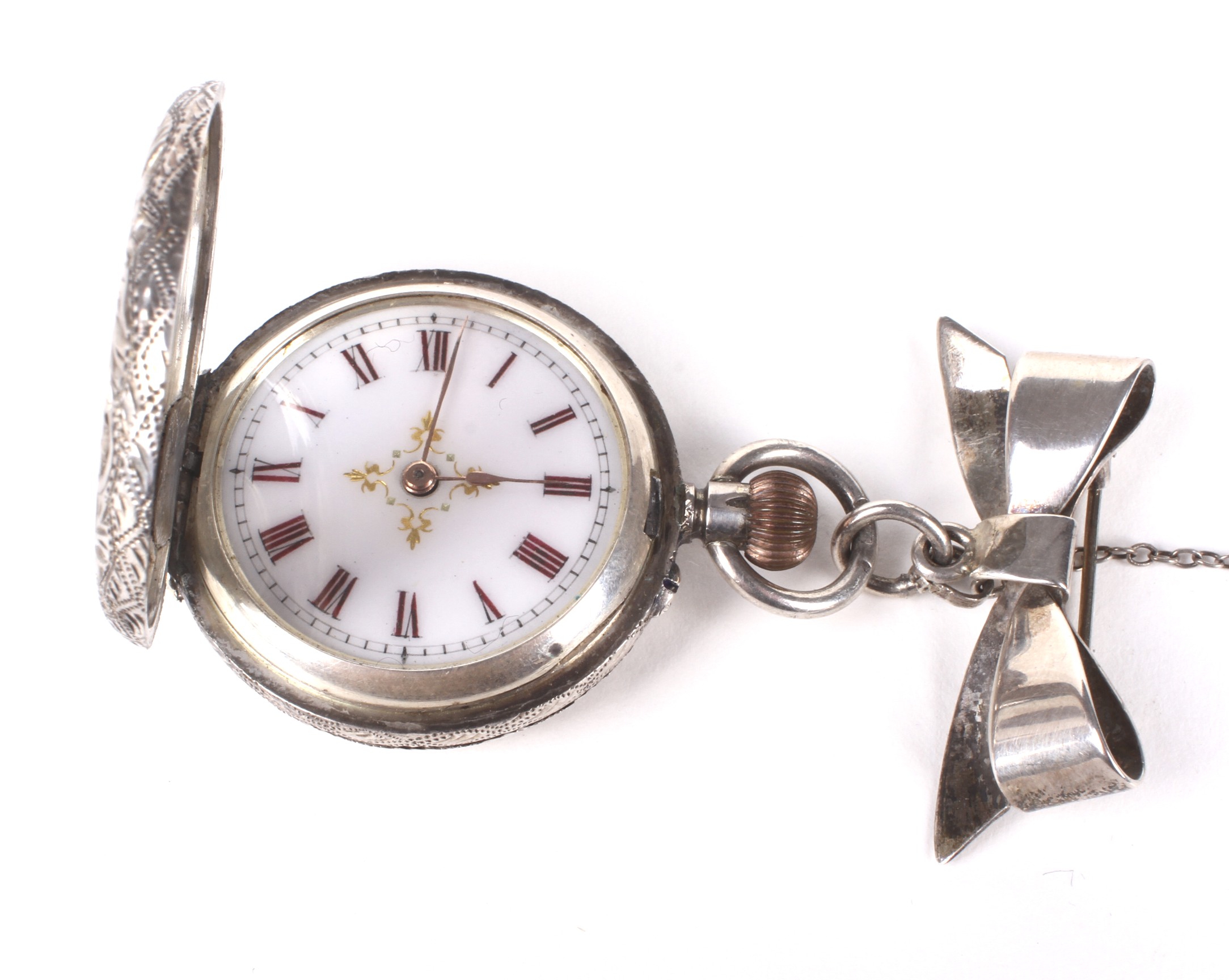 A silver and enamel cased keyless fob watch and fob. - Image 3 of 5