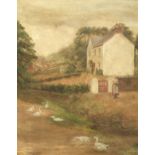 Late 19th Century School, Girl and Geese before a Farmhouse, oil on canvas.