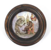 A 19th century pottery prattware transfer printed pot lid with Bear, Lion and Cock.
