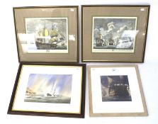 A contemporary maritime watercolour and three prints.