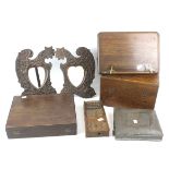 Assorted wooden wares. Including a wooden music stand, two carved picture frames, BBC box, etc.