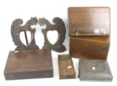 Assorted wooden wares. Including a wooden music stand, two carved picture frames, BBC box, etc.