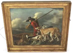 A 20th century print on canvas depicting a huntsman in red jacket amongst dogs.