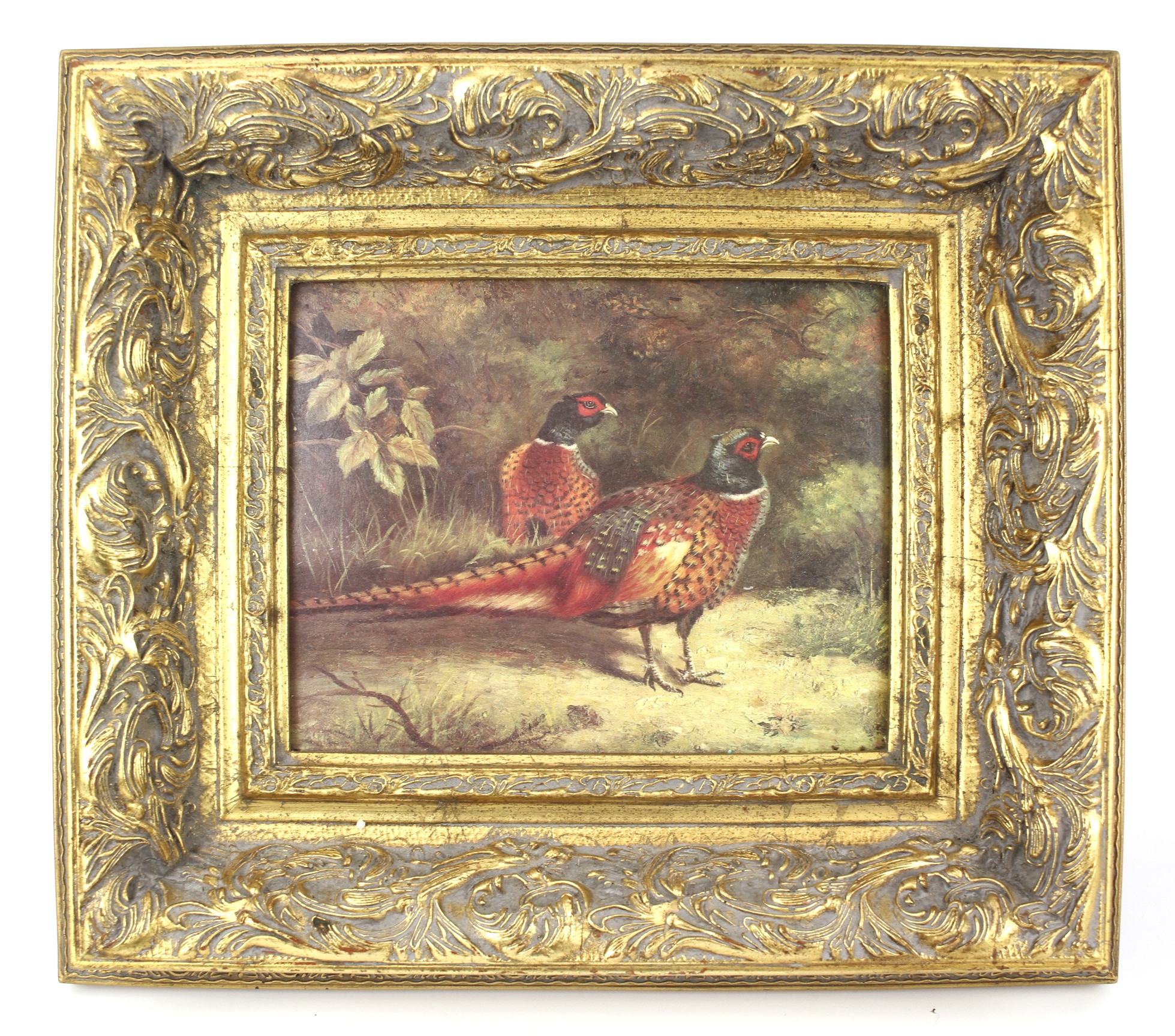 A 20th century print depicting two pheasants in a forest scene.