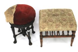 An Edwardian padded upholstered stool. With turned spindle gallery on turned out swept supports.