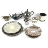 An assortment of vintage and modern silver plated wares. Including coffee pot, assorted trays, etc.