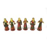 A set of six 20th century Indian painted wooden figures.