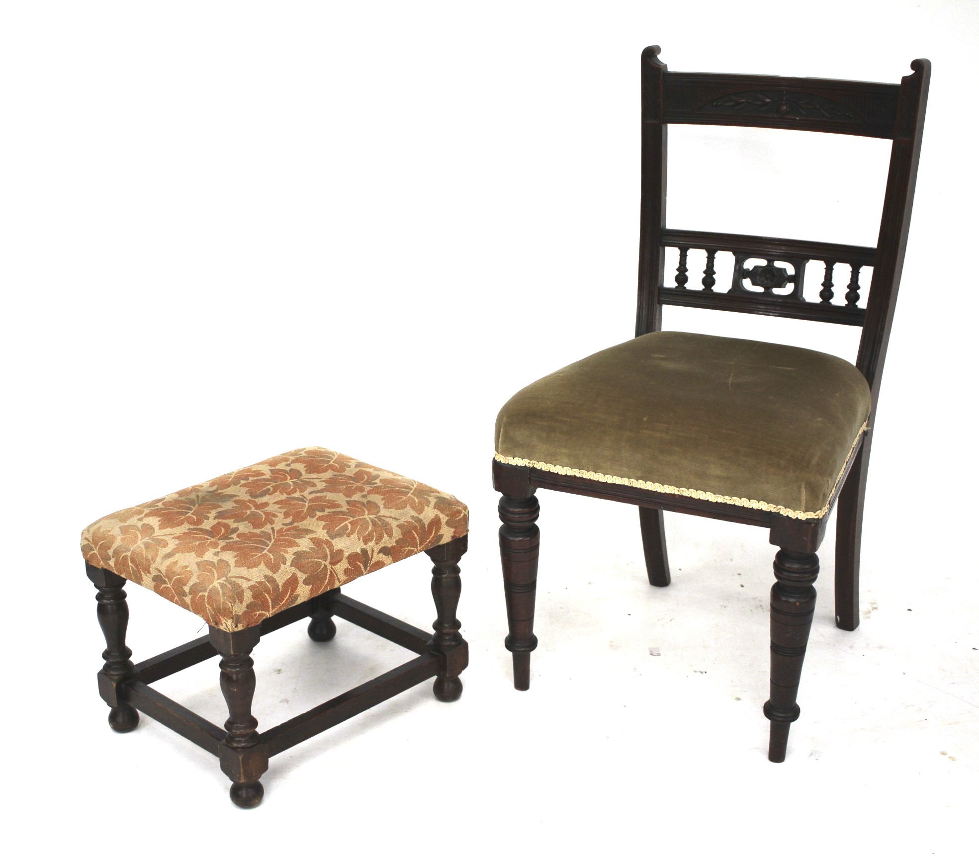 An Edwardian dining chair and a stool. The first carved with leaves, both raised on turned supports.