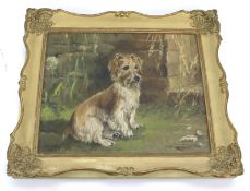 A mid-century oil on canvas painting of a seated dog.