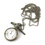 A continental white metal silver fob watch with chain.