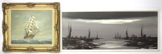 A K Hammond, oil on board, harbour scene, and an oil on canvas of a galleon.