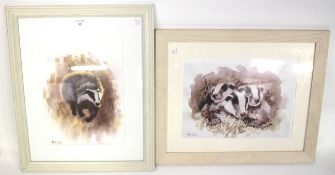 Alan Ward, watercolour, 'Bounding Badger', dated 2011, and a print of badgers.