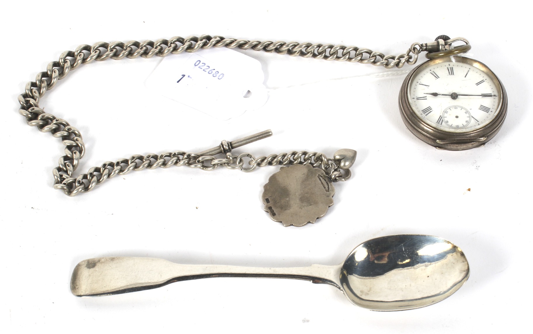 A Victorian silver pocket watch with Albert chain and a silver Georgian teaspoon.