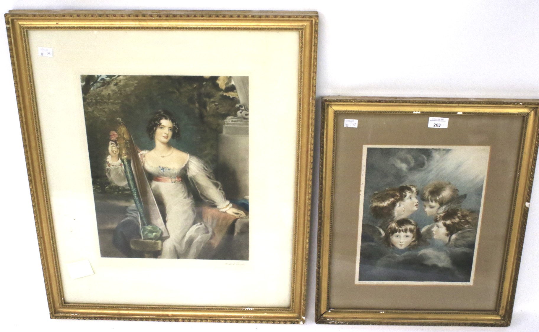 Two pictures: One signed Richard Smythe, lady playing a harp, and a print of Reynolds Angels.