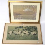 A Japanese watercolour landscape depicting Mount Fuji and a print depicting cranes.