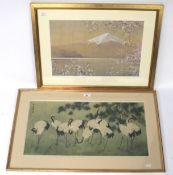 A Japanese watercolour landscape depicting Mount Fuji and a print depicting cranes.