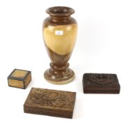 Three 20th century wooden boxes and carved wooden vase.