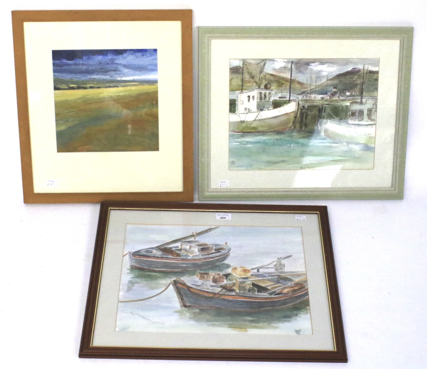 Two harbour scene watercolours and another.