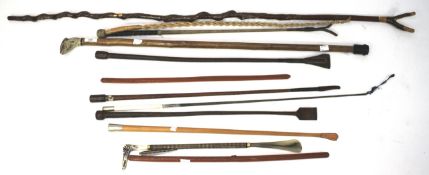 A group of walking sticks and riding crops. Of various materials and lengths.