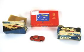 Three vintage Tri-ang Minic motorways vehicles. Comprising Jaguar 3.4 saloon M.