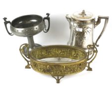 A large WMF silver plated tea pot, Pewter twin handled trophy and a gilt metal dish.