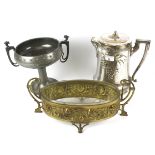 A large WMF silver plated tea pot, Pewter twin handled trophy and a gilt metal dish.