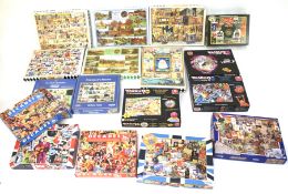 A collection of assorted jigsaw puzzles.