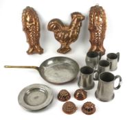 Assorted brass, copper and pewter wares. Including blancmonge moulds, mugs, pan, etc.
