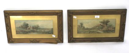 A pair of plaster framed landscape pictures of country scenes. Each measuring 34cm x 13.