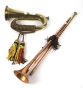 A brass bugle and a brass two section coaching horn.