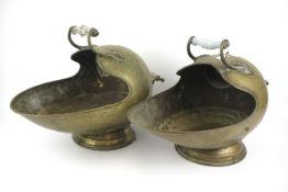 Two brass 19th century helmet coal scuttles.
