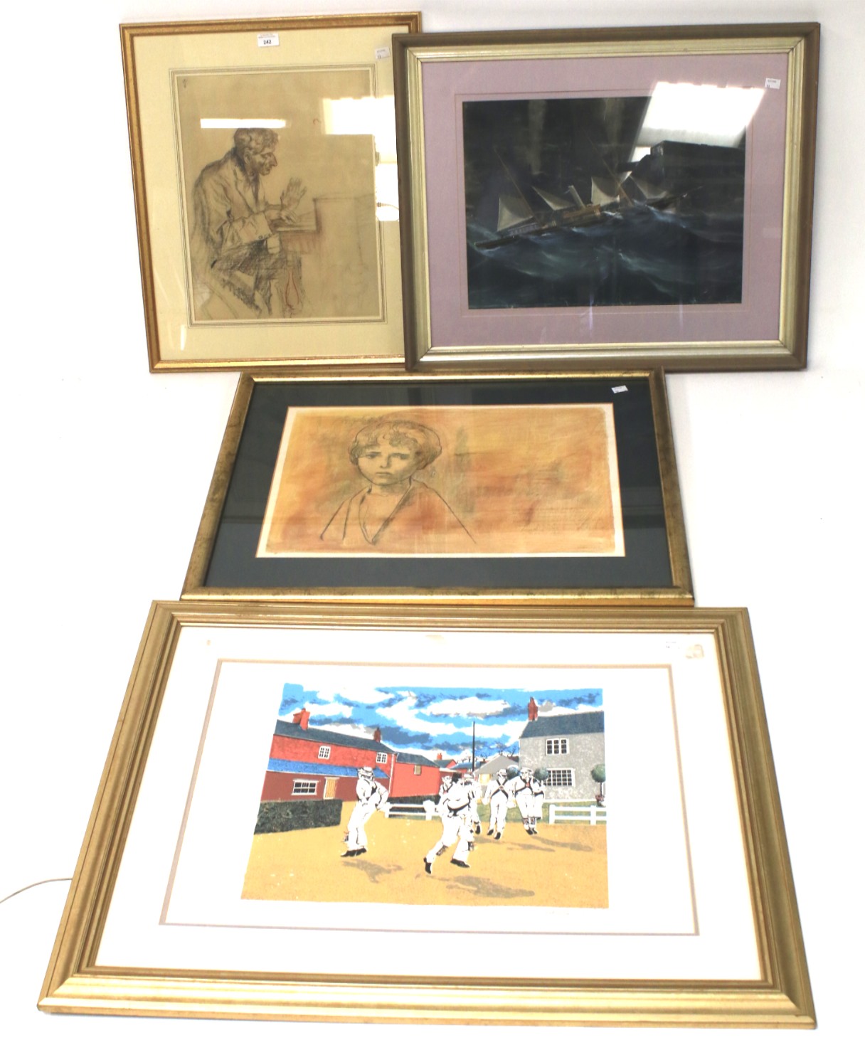 An assortment of pictures and prints. Including a sketch of a gentleman playing a piano, 34.
