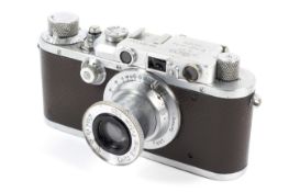 A Leica IIIa 35mm rangefinder camera, chrome, 1936. With a 50mm 1:3.5 Leitz Elmar lens.