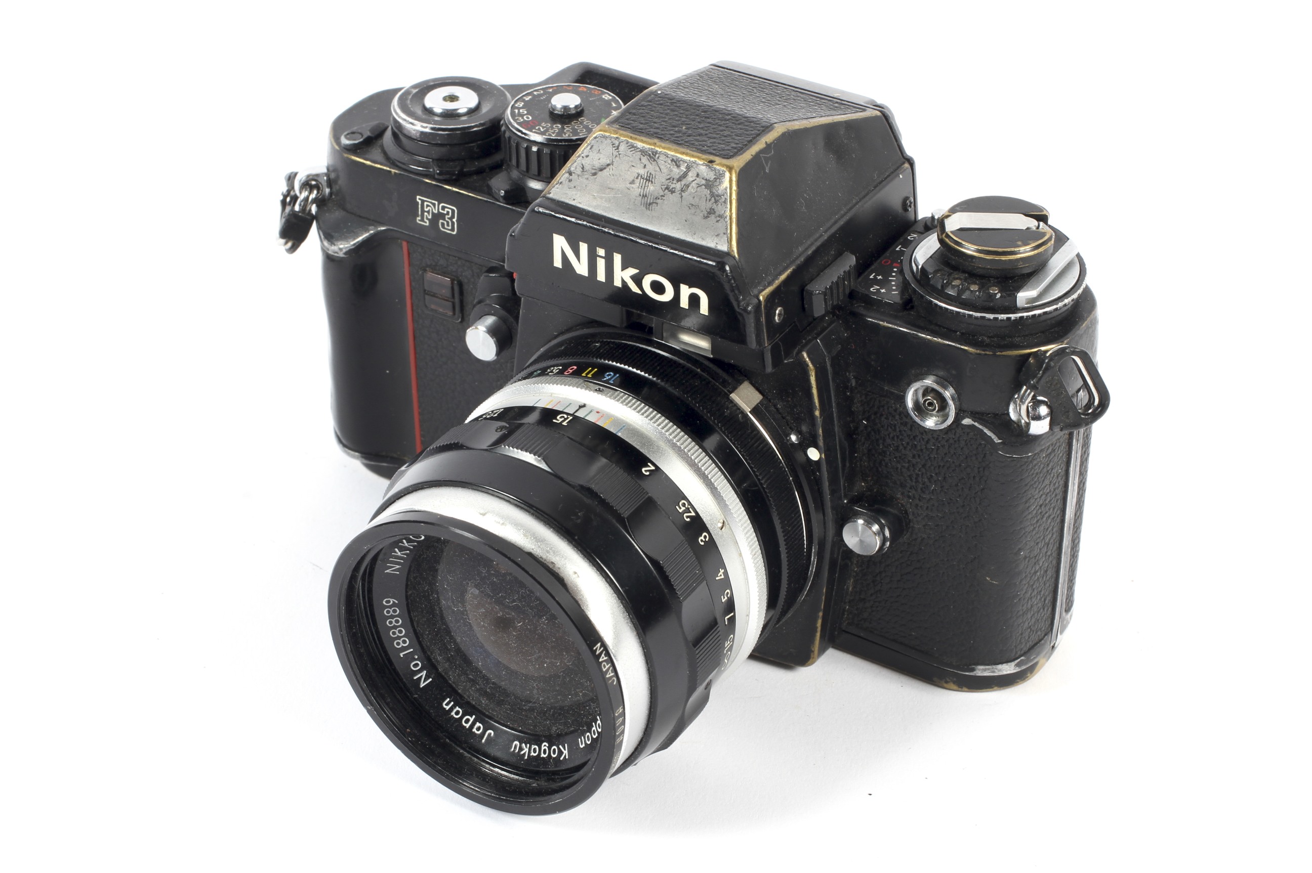 A black Nikon F3 35mm eye level SLR camera. With a 35mm 1:2.