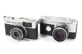 Two Olympus 35mm cameras. To include an Olympus Pen F half frame SLR with a 38mm 1:1.