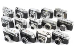 Fourteen 35mm rangefinder cameras.