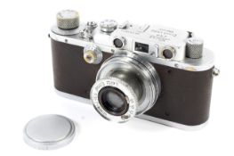 A Leica III 35mm rangefinder camera, chrome, 1937. With a 50mm 1:3.5 Leitz Elmar lens.