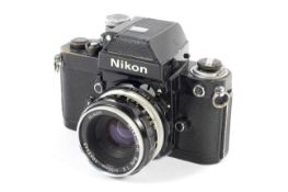 A black Nikon F2 35mm SLR camera.