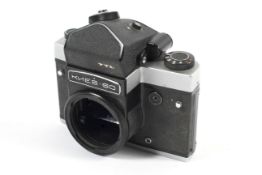 A Kiev 60 6x6 medium format SLR camera body with a prism viewfinder.