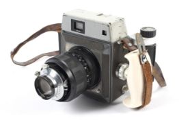 A Mamiya Press camera. With a 150mm 1:5.6 Seikosha-S lens and adjustable 6x4.