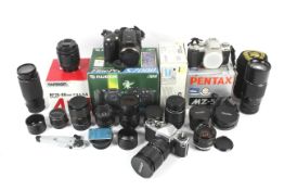 A collections of cameras and lenses.