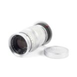 A Leitz Leica 90mm 1:4 elmar camera lens. Chrome M mount.