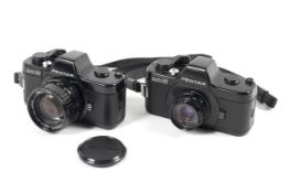 Two Pentax Auto 110 sub-miniature SLR cameras. One with a 50mm 1:2.