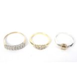 Three yellow metal and 9ct gold diamond set dress rings.(One shank cut), weight 6.