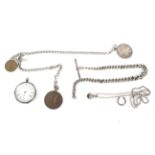 Silver fob watch, Albert chains and coins.