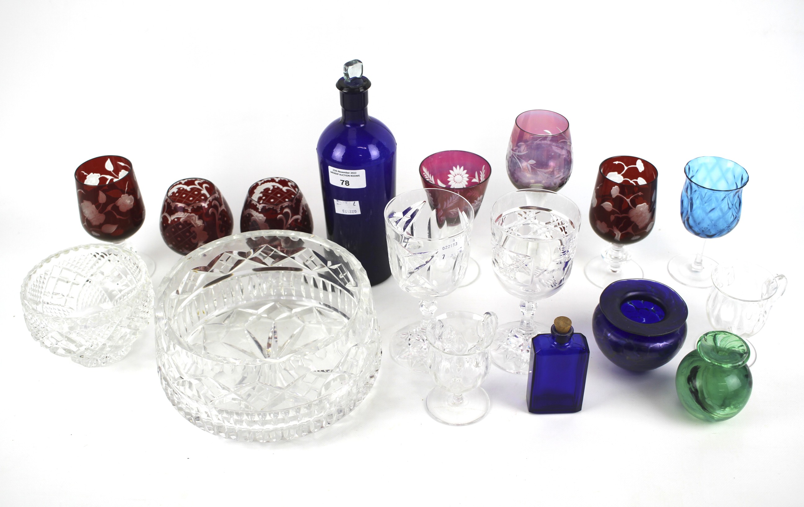 Assorted cut, engraved, etched and coloured glassware.